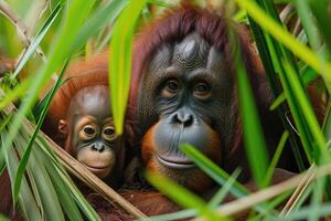 ai generado hembra de el orangután con un bebé en un matorral de césped foto