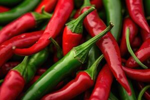 AI generated Red and green hot chilli peppers. photo