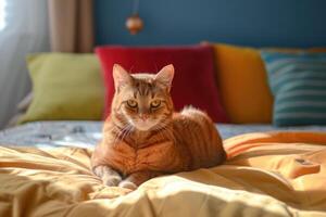 AI generated Cat with color pillows behind him on a bed. photo