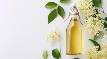 AI generated Elderflower syrup in a glass bottle without label top view on white background. photo