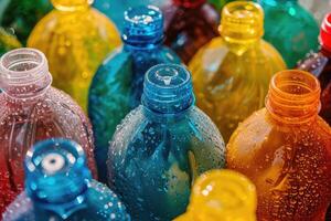 AI generated Empty colored carbonated drink bottles. Plastic waste photo