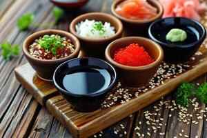 AI generated Japanese condiment for sushi. Soy sauce, wasabi, pickled ginger, sesame. Japanese cuisine. photo