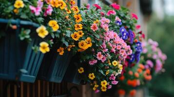 ai generado vistoso flores creciente en cajas colgando en balcón cerca foto