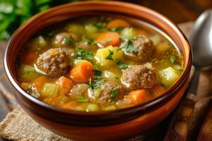 AI generated Vegetable soup with meatballs. photo