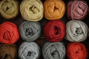 AI generated Many different balls of wool or yarn. Handicraft and hobby theme. photo
