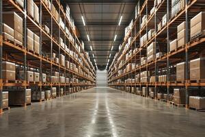 AI generated Commercial warehouse. Huge distribution warehouse with high shelves. photo