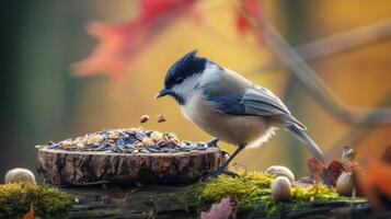 ai generado adorable pantano teta parus palustris comiendo semillas foto