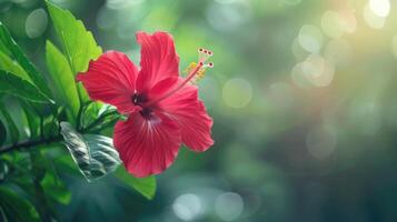 AI generated Red hibiscus flower on a green background. In the tropical garden. photo