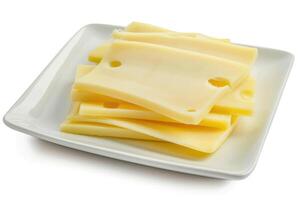 AI generated Cheese slices on white plate isolated on white background. photo