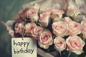 AI generated Happy happy birthday with pink roses over rustic wood background photo