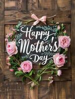 AI generated Happy Mother's day with pink roses over rustic wood background photo