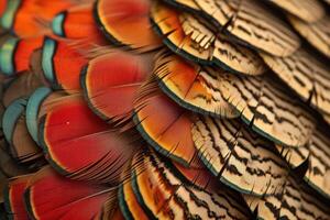 AI generated Closeup abstract background image of colorful ring-necked pheasant feathers. photo