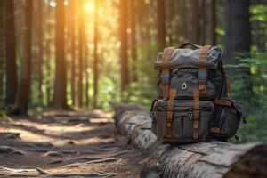 AI generated Tourist backpack on the stump photo