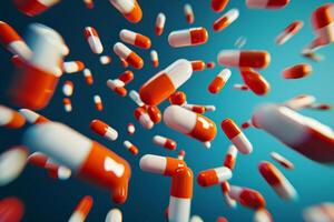AI generated A group of antibiotic pill capsules falling. photo