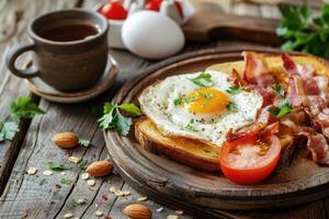 AI generated English breakfast - toast, egg, bacon and vegetables in a rustic style on wooden table. photo