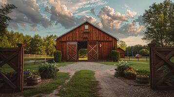 AI generated Brown barn on farm landscape photo