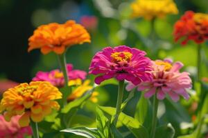 AI generated In a flower bed in a large number various zinnias grow and blossom. photo