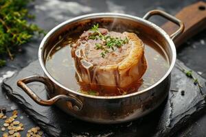 AI generated Traditional beef broth with vegetable, bones and ingredients in pot photo