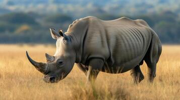 AI generated White rhinoceros grazing in a grass field. photo