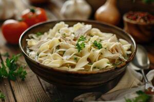 AI generated Bowl of chicken noodle soup on a wooden table. photo