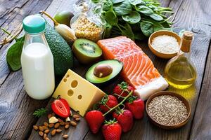 AI generated Variety of healthy foods spread out on a wooden surface. photo