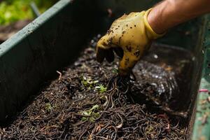 AI generated Turning food waste or garbage into fertilizer using earthworms. photo