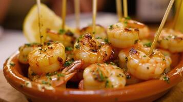 AI generated Garlic shrimp pinchos tapas from Spain. photo