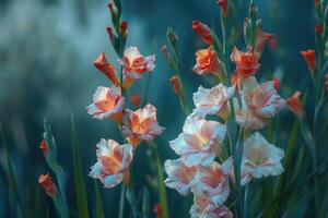 AI generated Gladiolus in garden close up. photo