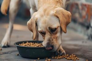 AI generated Cute labrador eating dry food from bowl. photo