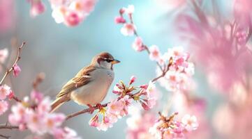 AI generated Little bird sitting on branch of blossom cherry tree. Spring time. photo