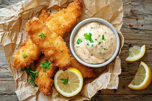 ai generado empanizado y frito pescado dedos servido con remolada salsa y limón foto