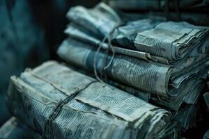 AI generated Closeup shot of several newspapers stacked on top of each other. photo