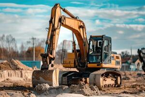 AI generated An excavator in the sand at a construction site. photo
