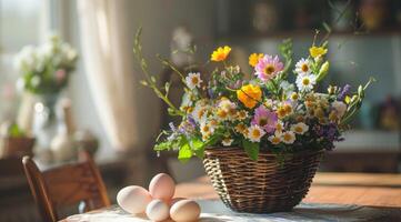 ai generado un Pascua de Resurrección flor arreglo ramo de flores en un cesta con Pascua de Resurrección huevos soportes en el festivo comida mesa en Pascua de Resurrección Mañana. foto