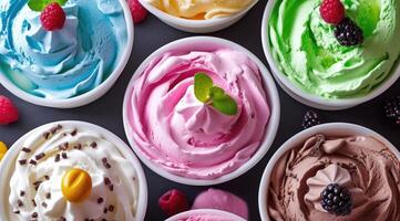 AI generated A variety of different colored ice cream flavors. photo