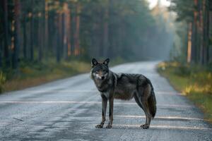 AI generated Wolf standing on the road near forest at early morning or evening time. Road hazards, wildlife and transport. photo