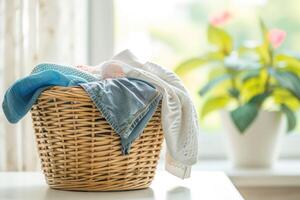 AI generated Assorted pastel color clothes neatly arranged in a wicker basket on a table. photo