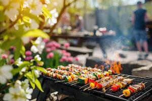 AI generated First spring bbq in a yard with skewers and vegetables on a barbecue next to blooming flowers photo