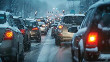 ai generado moderno carros son atascado en un tráfico mermelada en un autopista en invierno. foto