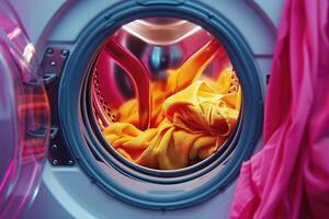 AI generated Washing machine with color clothes inside. photo