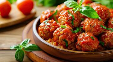 AI generated Delicious homemade chicken or turkey meatballs with rice, vegetable and tomato sauce. photo