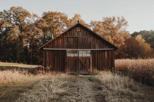 AI generated Brown barn on farm landscape photo
