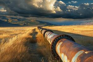 AI generated Oil pipeline running through a field towards a mountain in the distance. photo