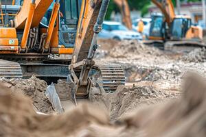 AI generated An excavator in the sand at a construction site. photo