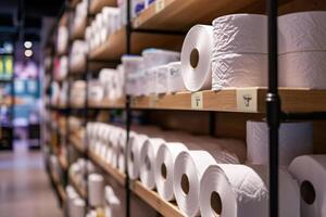 AI generated Toilet paper on shelves. photo