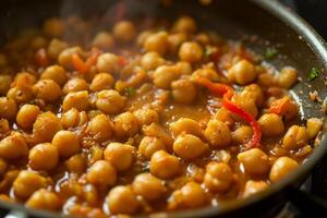 AI generated Cooking chickpeas with spices in a pan, close-up. photo
