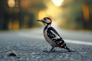 ai generado pájaro carpintero en pie en el la carretera cerca bosque a temprano Mañana o noche tiempo. la carretera peligros, fauna silvestre y transporte. foto