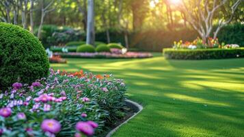 AI generated Multi-colored flower bed in the park. Outdoor summer gardening. photo