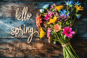 ai generado nuestra 'Hola primavera' inscripción conjunto en contra un fondo de vibrante flores capturas el esencia de el estación. foto