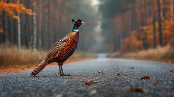 AI generated Pheasant standing on the road near forest at early morning or evening time. Road hazards, wildlife and transport. photo